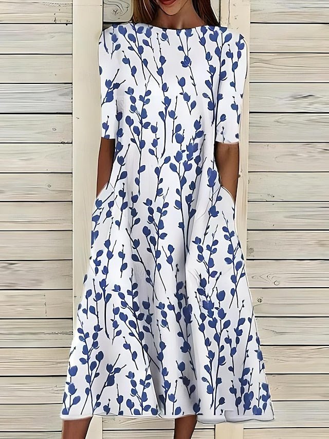 Women's A - Line Midi Floral Summer Dress with High Neck - Lexians