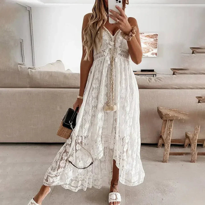 Women's Boho Lace Maxi Dress with adjustable straps, romantic lace details, asymmetric hem, and a breezy silhouette.