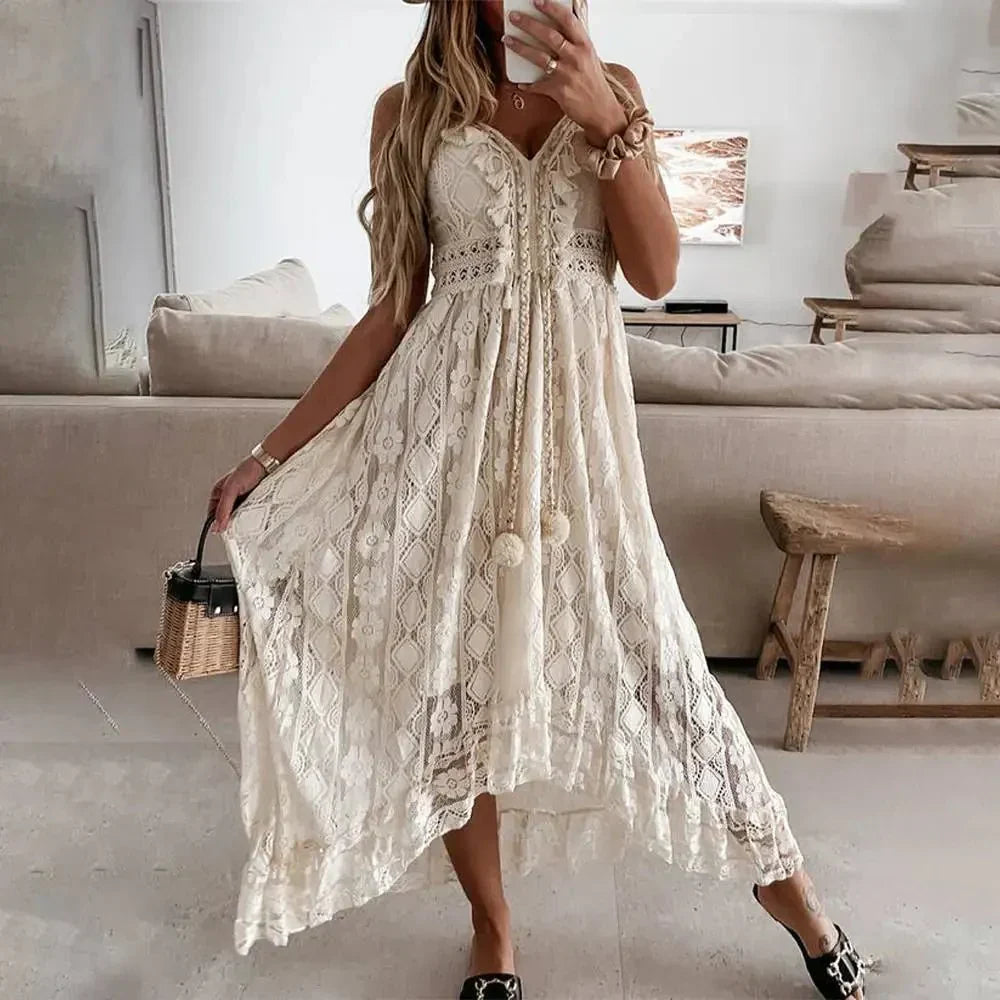Women's Boho Lace Maxi Dress with adjustable straps, romantic lace details, asymmetric hem, and a breezy silhouette.