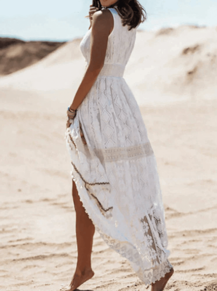 Women's Boho Maxi Dress with Lace - Beige/White - Lexians