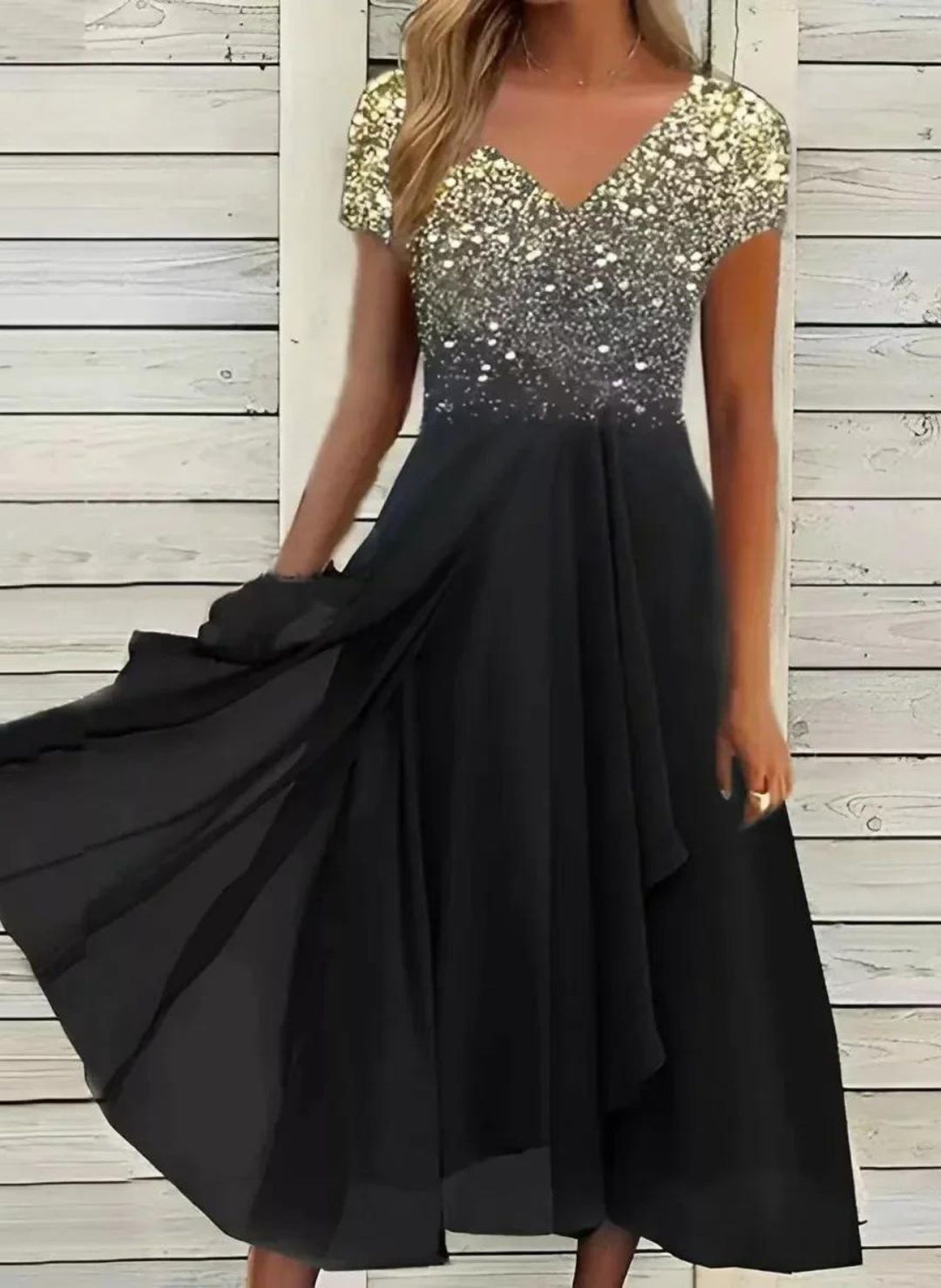 "Women's chiffon evening maxi dress with floral bodice, featuring flowing fabric and shimmering floral design for elegant eve