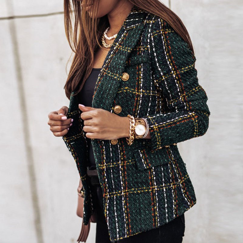 Women's classic check double-breasted blazer with bold check pattern, tailored fit, long sleeves, perfect for layering.