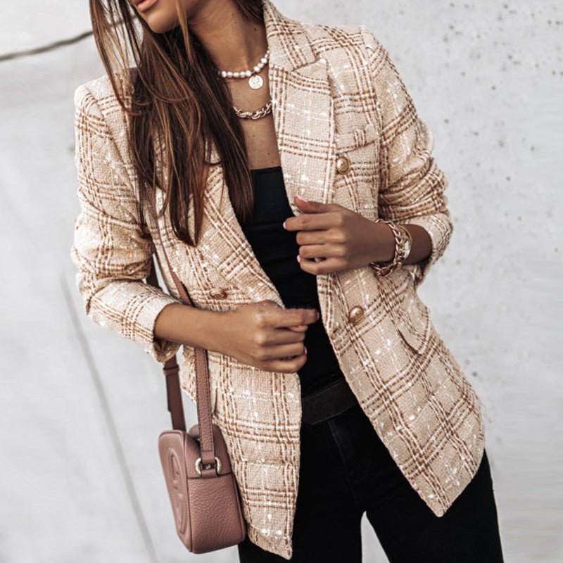 Women's classic check double-breasted blazer with bold check pattern, tailored fit, long sleeves, perfect for layering.