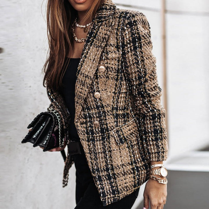 Women's classic check double-breasted blazer with bold check pattern, tailored fit, long sleeves, perfect for layering.