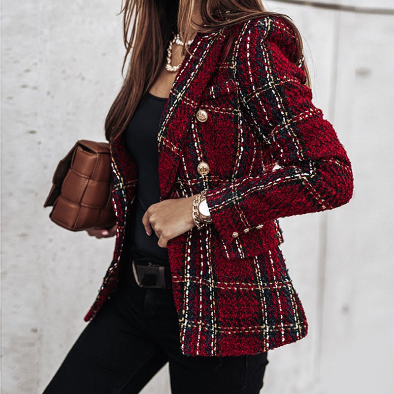 Women's classic check double-breasted blazer with bold check pattern, tailored fit, long sleeves, perfect for layering.
