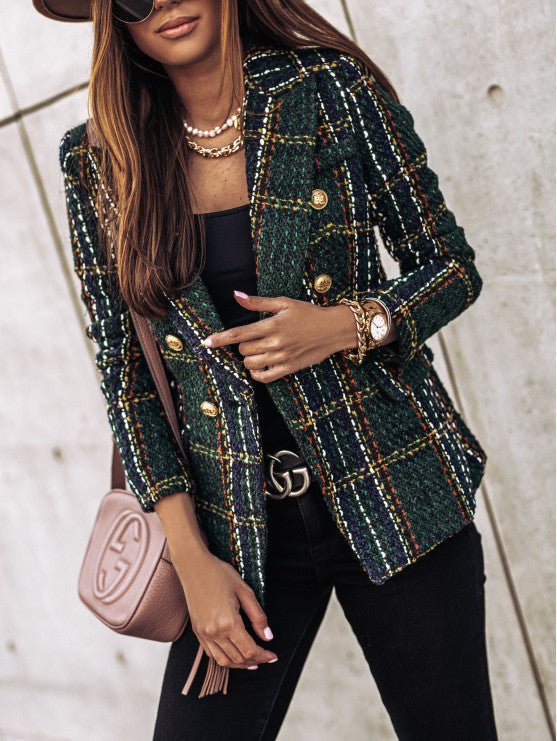 Women's classic check double-breasted blazer with bold check pattern, tailored fit, long sleeves, perfect for layering.