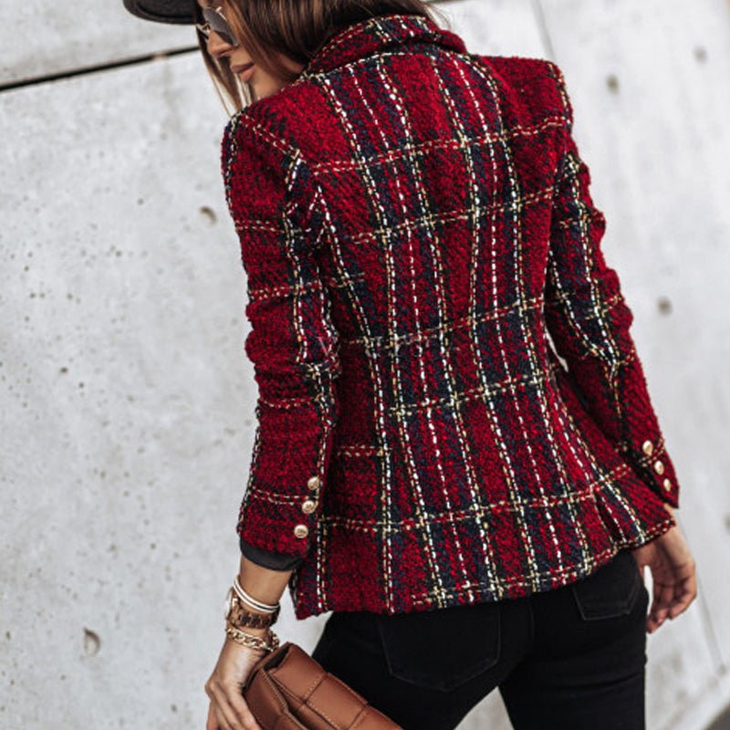 Women's classic check double-breasted blazer with bold check pattern, tailored fit, long sleeves, perfect for layering.