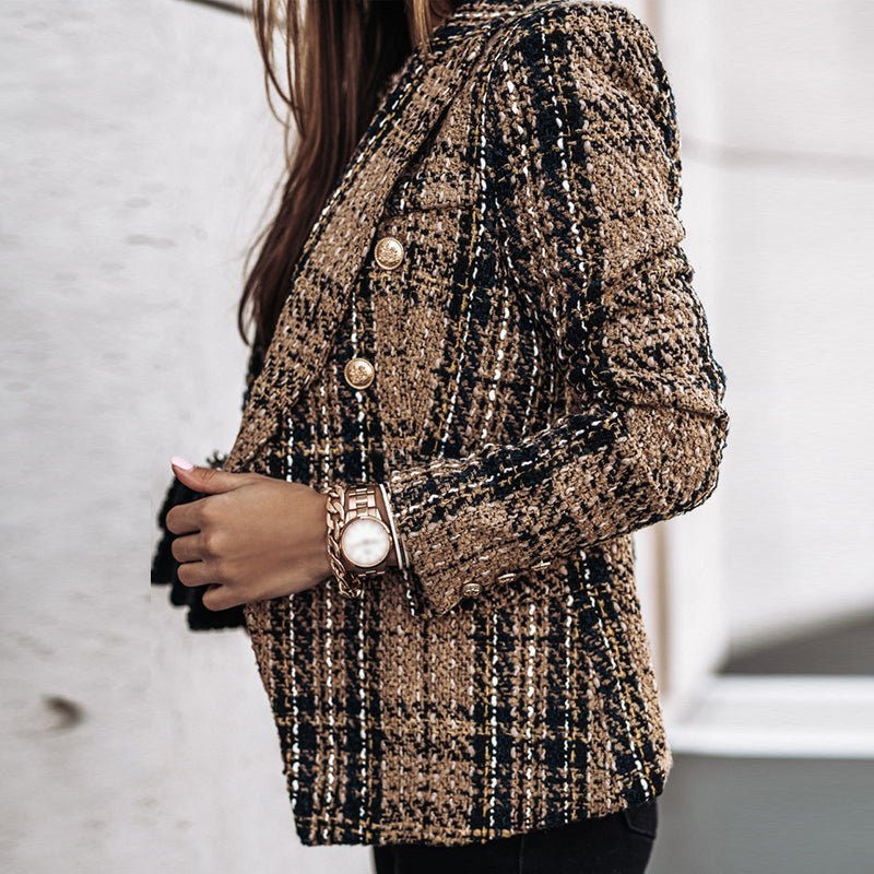 Women's classic check double-breasted blazer with bold check pattern, tailored fit, long sleeves, perfect for layering.