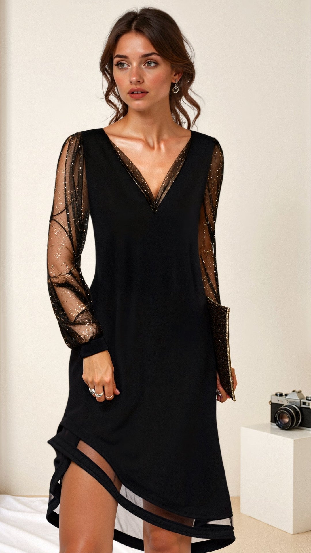 Women's classic V-neck evening gown with shimmering sleeves and flowing fabric, perfect for elegant occasions and celebration