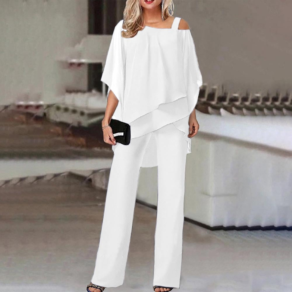 "Women's elegant cold-shoulder jumpsuit, wide-leg pants, front view; modern style, versatile for events."