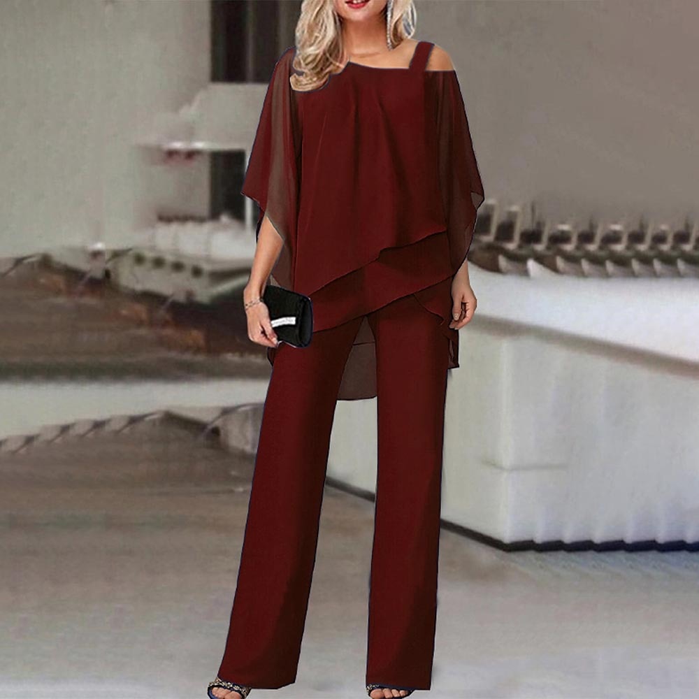 "Women's elegant cold-shoulder jumpsuit, wide-leg pants, front view; modern style, versatile for events."