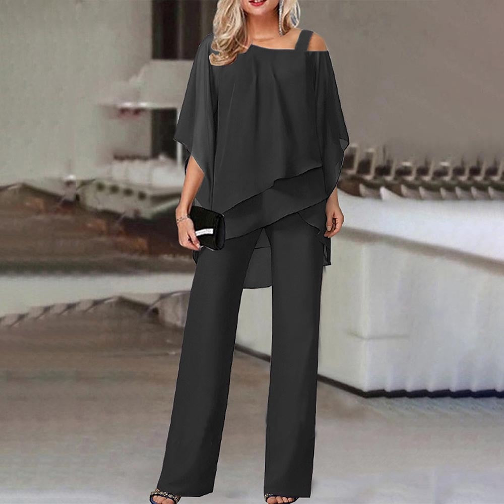 "Women's elegant cold-shoulder jumpsuit, wide-leg pants, front view; modern style, versatile for events."