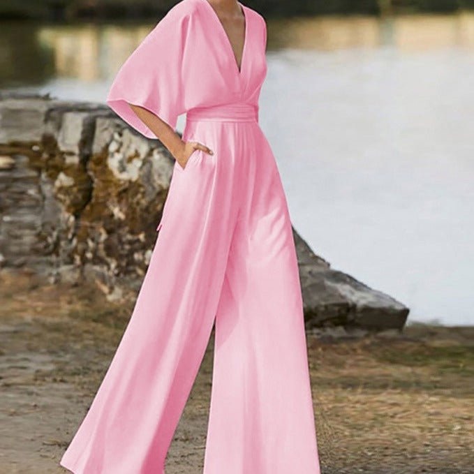 Women's Elegant V - Neck Jumpsuit with Half Sleeves in Cotton Blend - Lexians