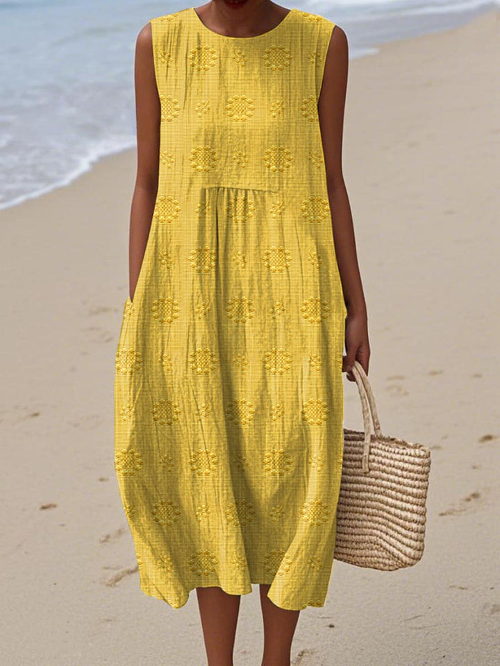Women's embroidered midi summer dress with side pockets, circular motifs, sleeveless, gathered waist, perfect for warm weathe