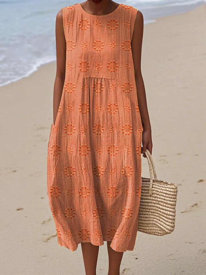 Women's embroidered midi summer dress with side pockets, circular motifs, sleeveless, gathered waist, perfect for warm weathe