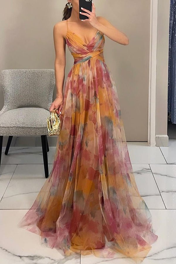 Women's Floral Chiffon Maxi Dress with Romantic Print - Lexians