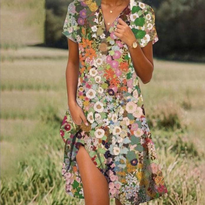Women's floral midi summer dress with V-neckline, bold pattern, front slit, relaxed fit, perfect for sunny days.