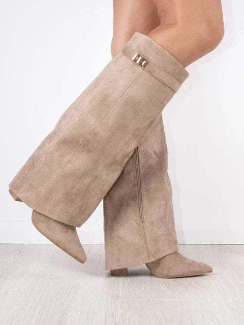 "Women's knee-high flap boots with textured design, pointed toe, block heel, side view for stylish fall fashion."