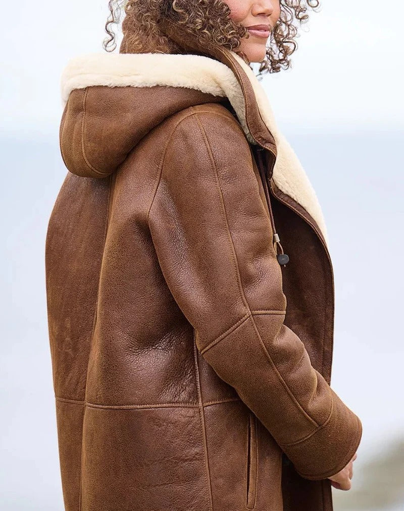 "Women's long down jacket, warm and lightweight, winter coat, elegant brown tone, adjustable hood, full-length view."