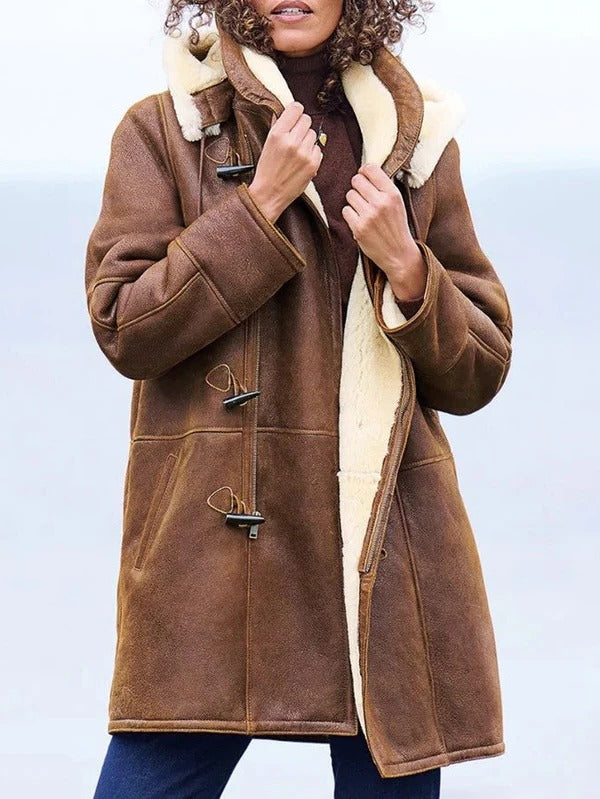 "Women's long down jacket, warm and lightweight, winter coat, elegant brown tone, adjustable hood, full-length view."