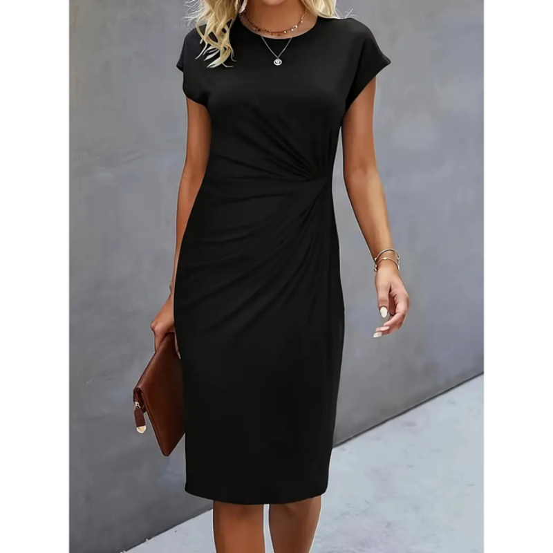 Women's ruched bodycon midi dress, cap sleeves, side ruching, tailored fit, knee-length, chic and elegant style.
