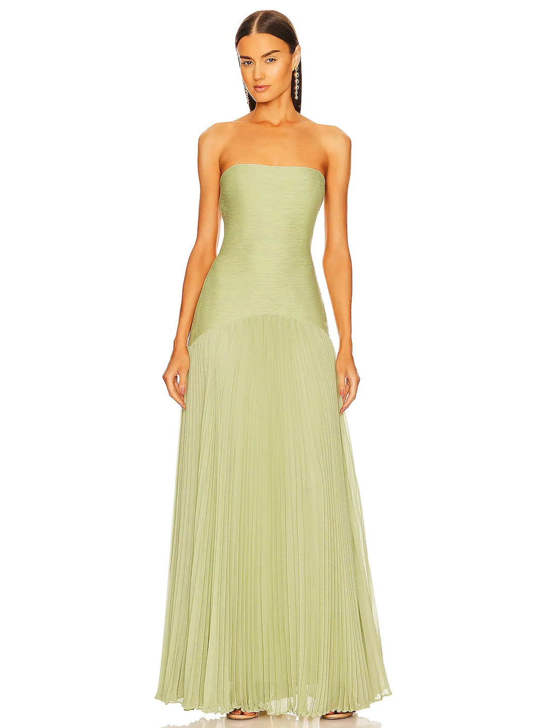 "Women's strapless pleated maxi dress in green and yellow, front view; elegant evening wear with a pleated skirt."