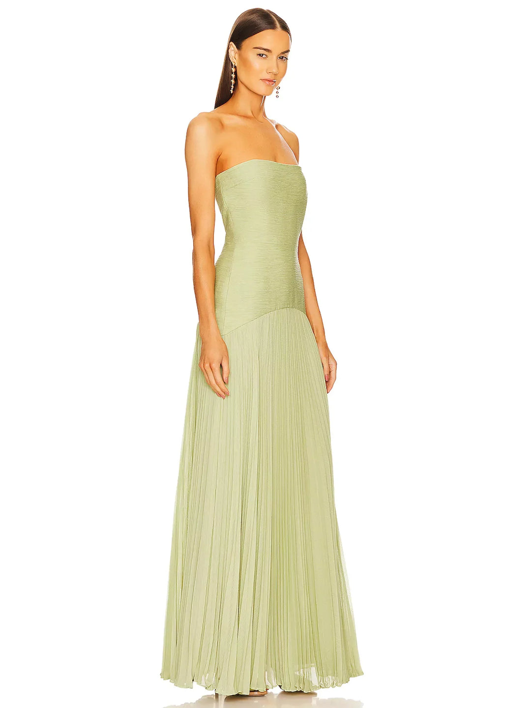 "Women's strapless pleated maxi dress in green and yellow, front view; elegant evening wear with a pleated skirt."