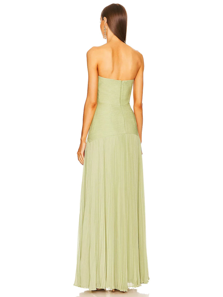 "Women's strapless pleated maxi dress in green and yellow, front view; elegant evening wear with a pleated skirt."