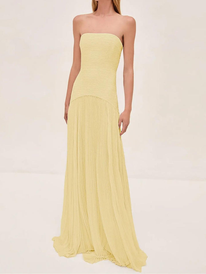 "Women's strapless pleated maxi dress in green and yellow, front view; elegant evening wear with a pleated skirt."