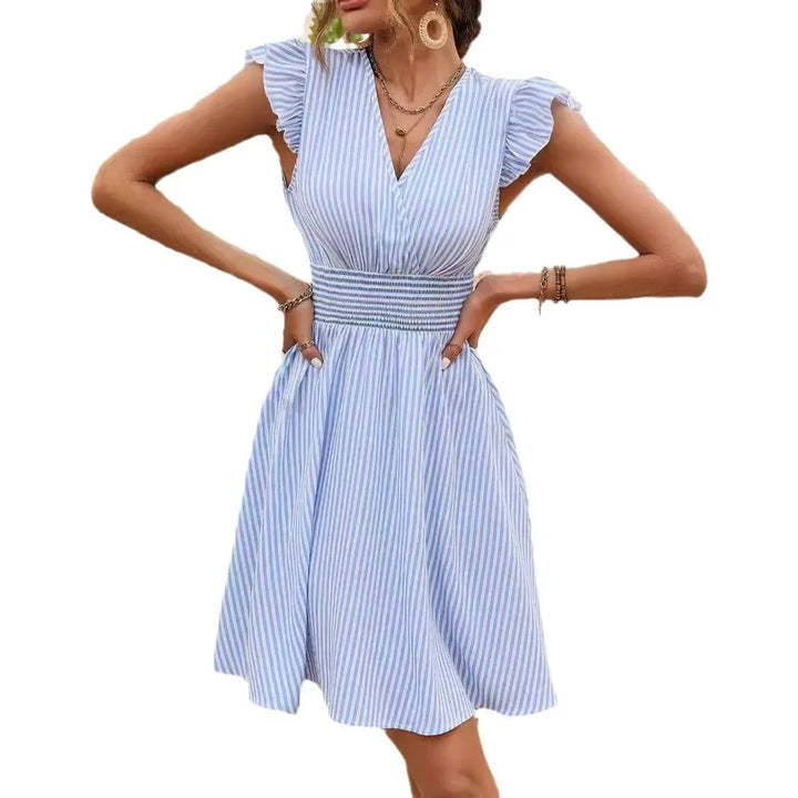 Women's Striped V-Neck Summer Dress with Butterfly Sleeves, featuring A-line silhouette and smocked waistband for casual eleg