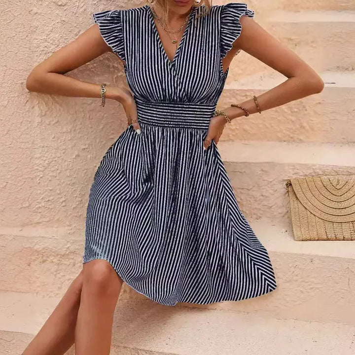 Women's Striped V-Neck Summer Dress with Butterfly Sleeves, featuring A-line silhouette and smocked waistband for casual eleg