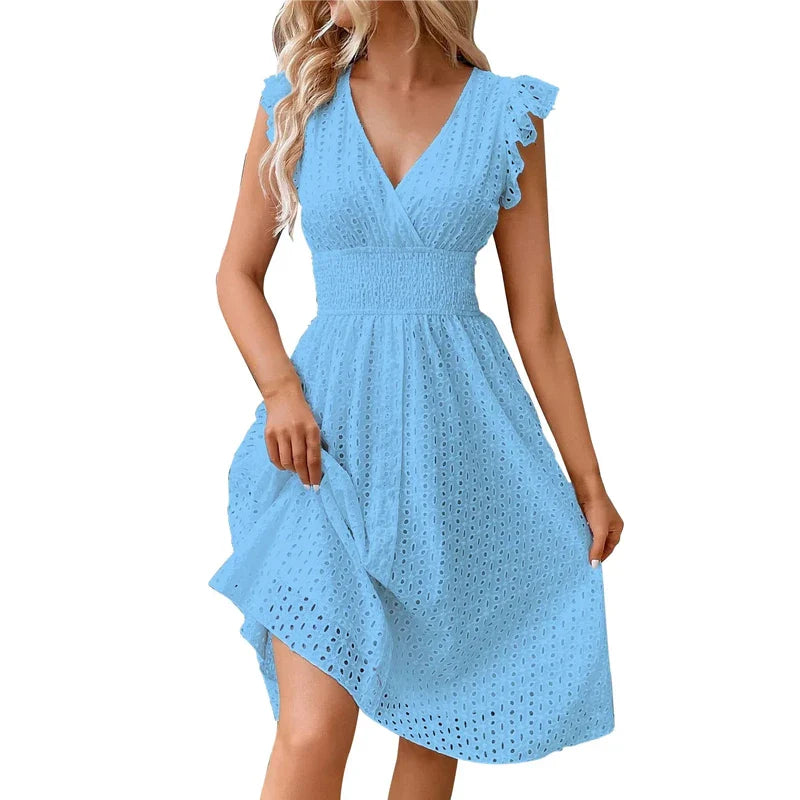 "Women's V-Neck eyelet summer dress with smocked waist, ruffled sleeves, and knee-length A-line in light fabric."