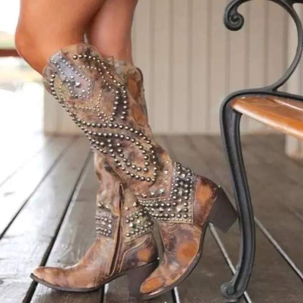 Women's Western Knee - High Boots with Studded Detail - Lexians