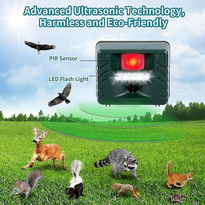 Outdoor ultrasonic woodpecker repeller for humane bird control. Garden & patio pest deterrent.
