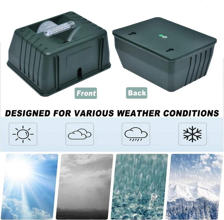 Solar ultrasonic woodpecker repeller for humane bird & pest control in gardens & patios.