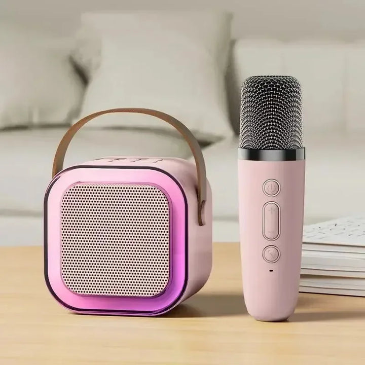 Family wireless karaoke machine with dual microphones, vibrant LED lights, & portable Bluetooth speaker for party fun.