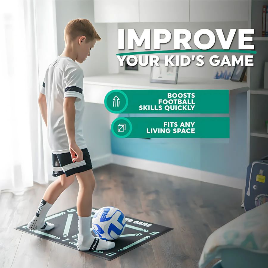 Youth football training mat enhancing skill development, dribbling & coordination for young soccer players.